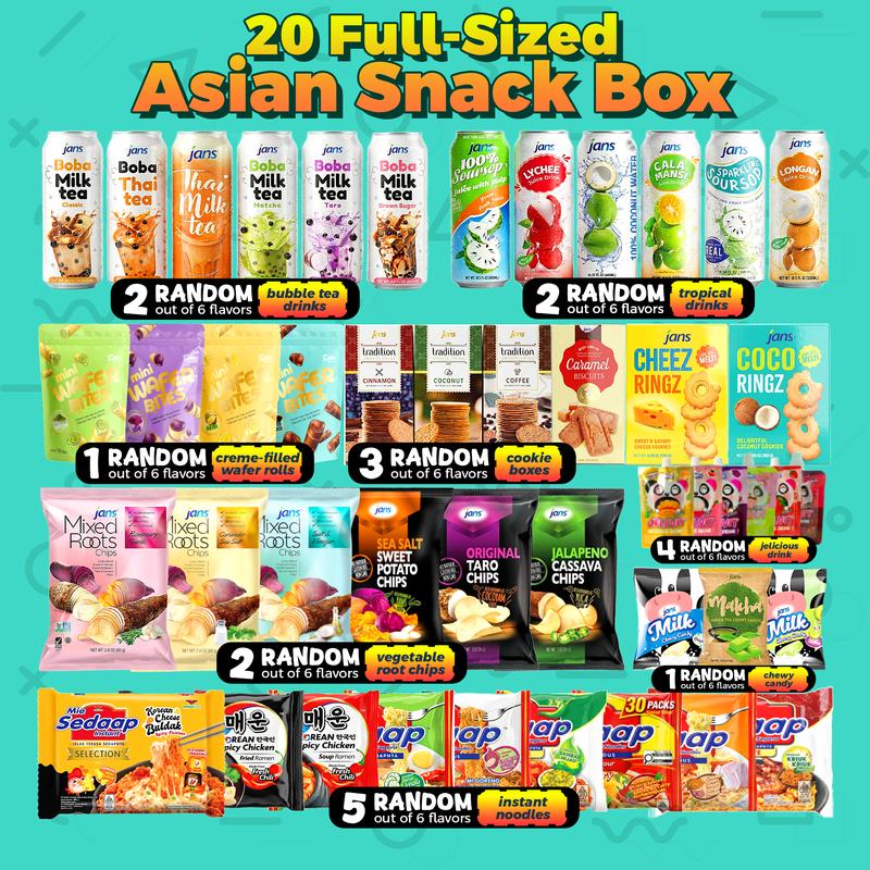 20 Assorted Asian Snack Box - Sweet & Savory Snacks & Chips, Boba & Tropical Drinks, Ramen, Biscuits, Cookies, Candies, Jellies & More