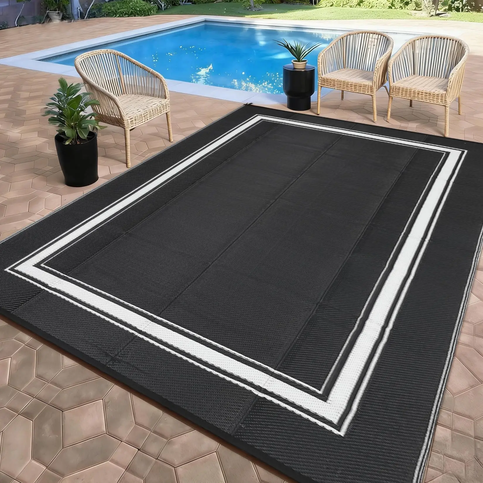 Black&White Waterproof Outdoor Rug 8x10 Reversible Plastic Straw Rug Modern Patio Carpet, Foldable Lightweight RV Camping Mat with Portable Bag & 4 Stakes, UV Resistant & Sturdy for Picnic