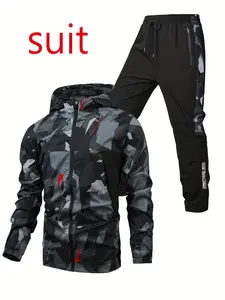 2pcs Men's Outdoor Casual Sports Set, Camo Print Jacket + Long Pants, Fall & Winter, Pockets, Below Ankle, Fitted Style