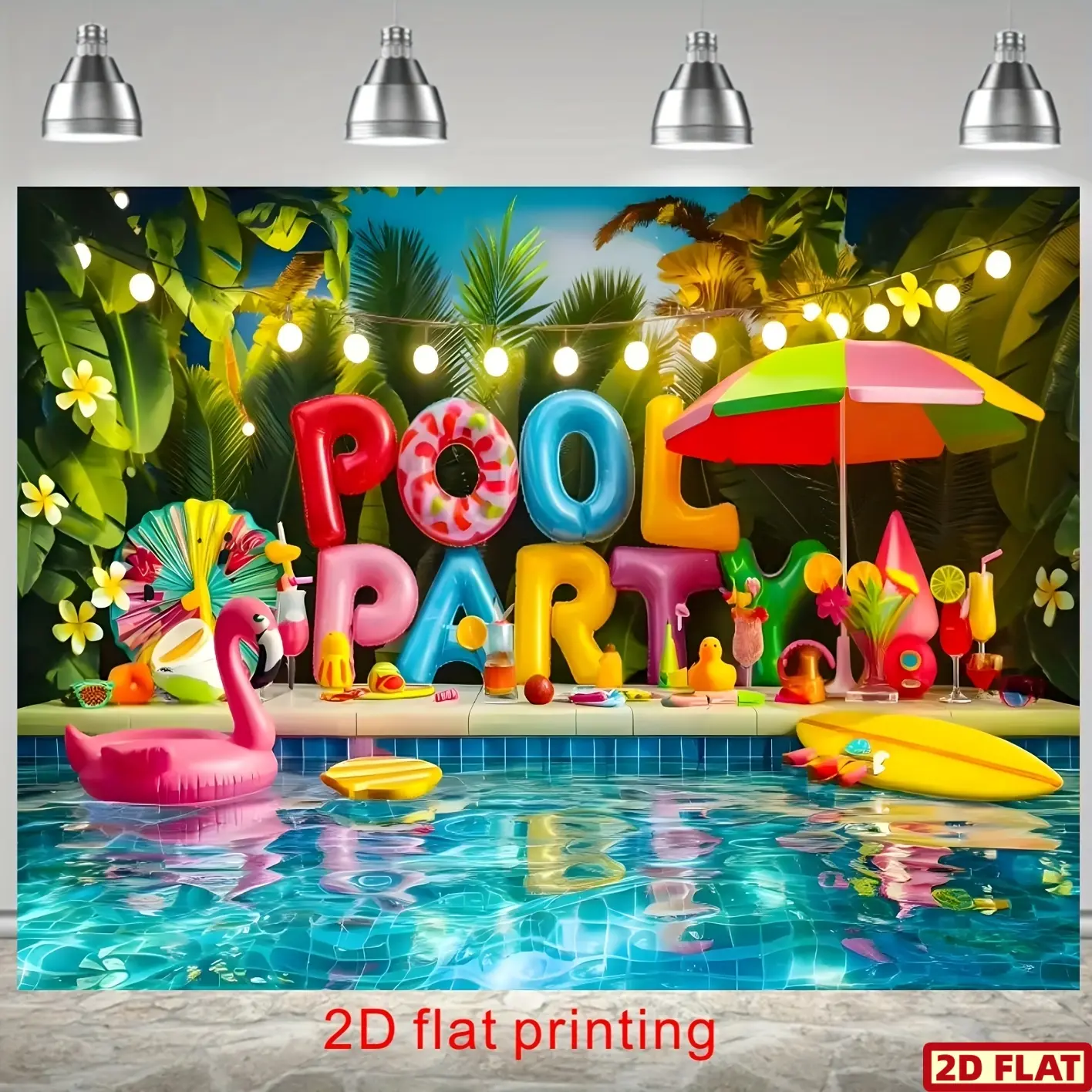 2D Flat Banner, 1pc Tropical Pool Party Polyester Backdrop Banner - Hawaiian Green Palm Trees, Blue Pool, Inflatable Pool Toys & Beach Umbrella - Summer Birthday Party Decor, Photo Prop, No Electricity Needed, Pool Party Supplies, Party Decoration