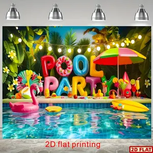 2D Flat Banner, 1pc Tropical Pool Party Polyester Backdrop Banner - Hawaiian Green Palm Trees, Blue Pool, Inflatable Pool Toys & Beach Umbrella - Summer Birthday Party Decor, Photo Prop, No Electricity Needed, Pool Party Supplies