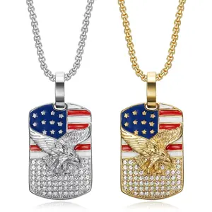316L Stainless Steel American Eagle Dog Tag CZ Pendant & 3mm 24" Rolo Chain Necklace For Men