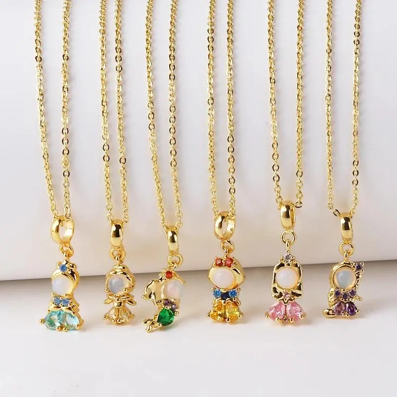 Unisex Gold-Plated Stainless Steel Clavicle Chain, Little Princess Themed Necklace with Synthetic Coloured Gemstones, Sweet Temperament Fashion Costume Jewelry