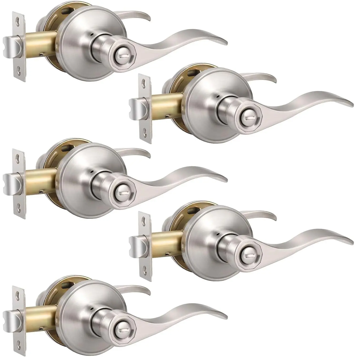 5 Pack Brushed Satin Nickel Door Lever  Door Handles, Zinc Alloy Door Handle Interior, Keyless Lock for Bedroom or Bathroom
