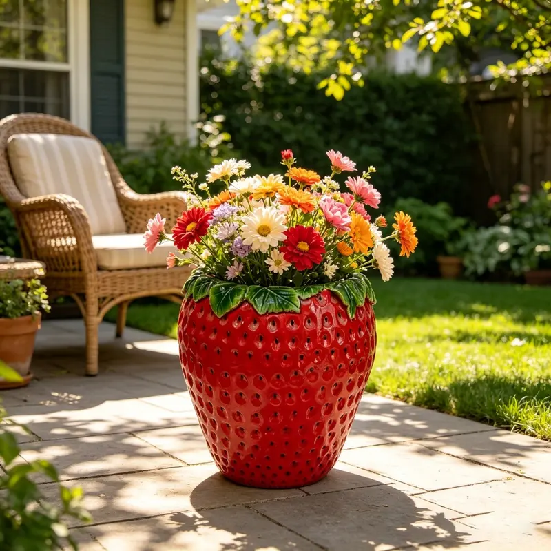15'' tall Strawberry Shaped Planter Pot, Cute Fruit Decorative Flower Vase, Weather Resistant Outdoor Garden Planter for Patio Porch Yard Lawn Entryway Home Tabletop Decor