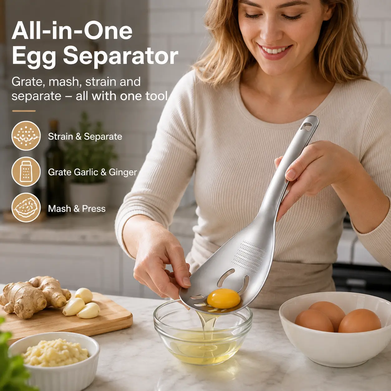 304 Stainless Steel Multifunctional Kitchen Utensil - 1-Count Tool with Spoon, Egg White Separator, Ginger Garlic Grater, Mud Masher for Home Food Prep
