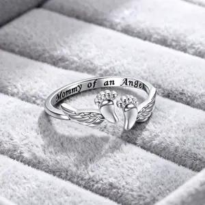 Mommy of an Angel Adjustable Ring with Angel Wings and Baby Feet Carved Finger Jewelry for Women Perfect Mother's Day Gift