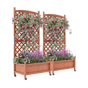 Freestanding Vertical Wooden Garden Bed, 61.5 Inch Raised Planter Box with Lattice Trellis, Built-in Drainage & Lockable Wheels, Portable for Indoor Outdoor Climbing Plant Cultivation
