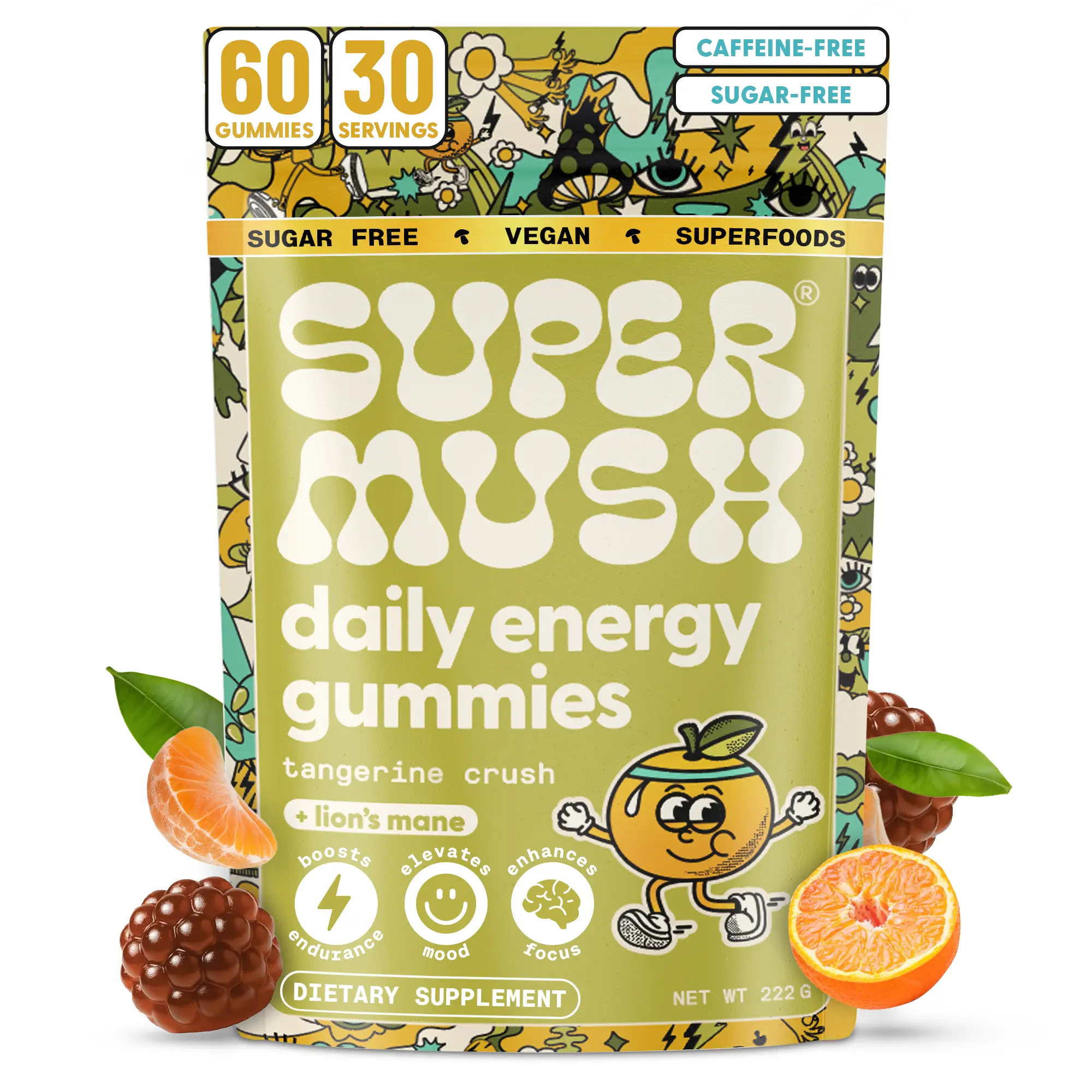 SuperMush Daily Energy Mushroom Gummies (60 Gummies) - Organic Lion’s Mane & Cordyceps Mushroom for Energy, Focus, Stamina, Stress Reduction - Vegan, Sugar Free Nootropic Gummies - Functional Mushroom Supplement