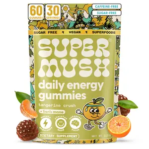 SUPERMUSH Energy Gummies - Certified Organic Lions Mane Supplement with Cordyceps, Rhodiola, Ginseng - Vegan, Sugar-Free, Gluten-Free - For Energy, Metabolism Support, Stress Reduction - Daily Dietary Supplement, Energy Boost