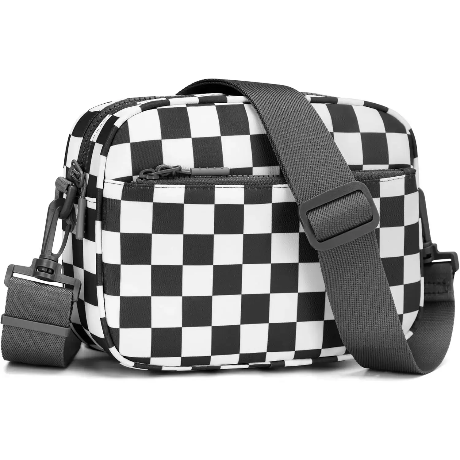 Women's Checkered Nylon Waterproof Crossbody Bag - Wide Straps, Multiple Zipper Pockets, Athletic Casual Everyday Commuter Carryall