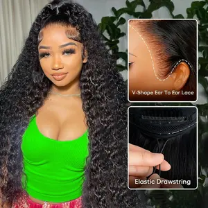 [Drawstring Wigs]13x6 Drawstring Wigs Human Hair Deep Wave Wigs Brazilian Wave 13x4 Curly Wigs Human Hair For Women PrePlucked 180% Density Nature Black Color Vacation Hair