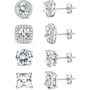 S925 sterling silver stud earrings, men’s cubic zirconia stud earrings, round and square designs, set for women and men.