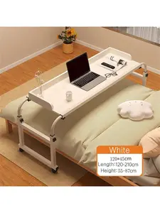 Adjustable Height Overbed Desk, 120x45cm White Liftable Computer Furniture Set with 4 Lockable Wheels (Wheeled Base), Guardrail, 55-87cm Height Range, Tool-Included for King Beds