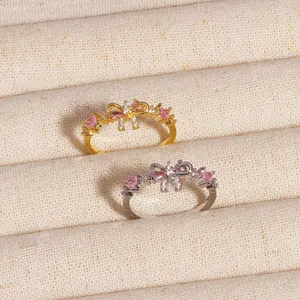 Pink Crystal Bow Knot Open Statement Rings Eternity Promise Band Engagement Wdding Rings Stacking Finger Band Adjustable Dainty Jewelry Gift For Friends
