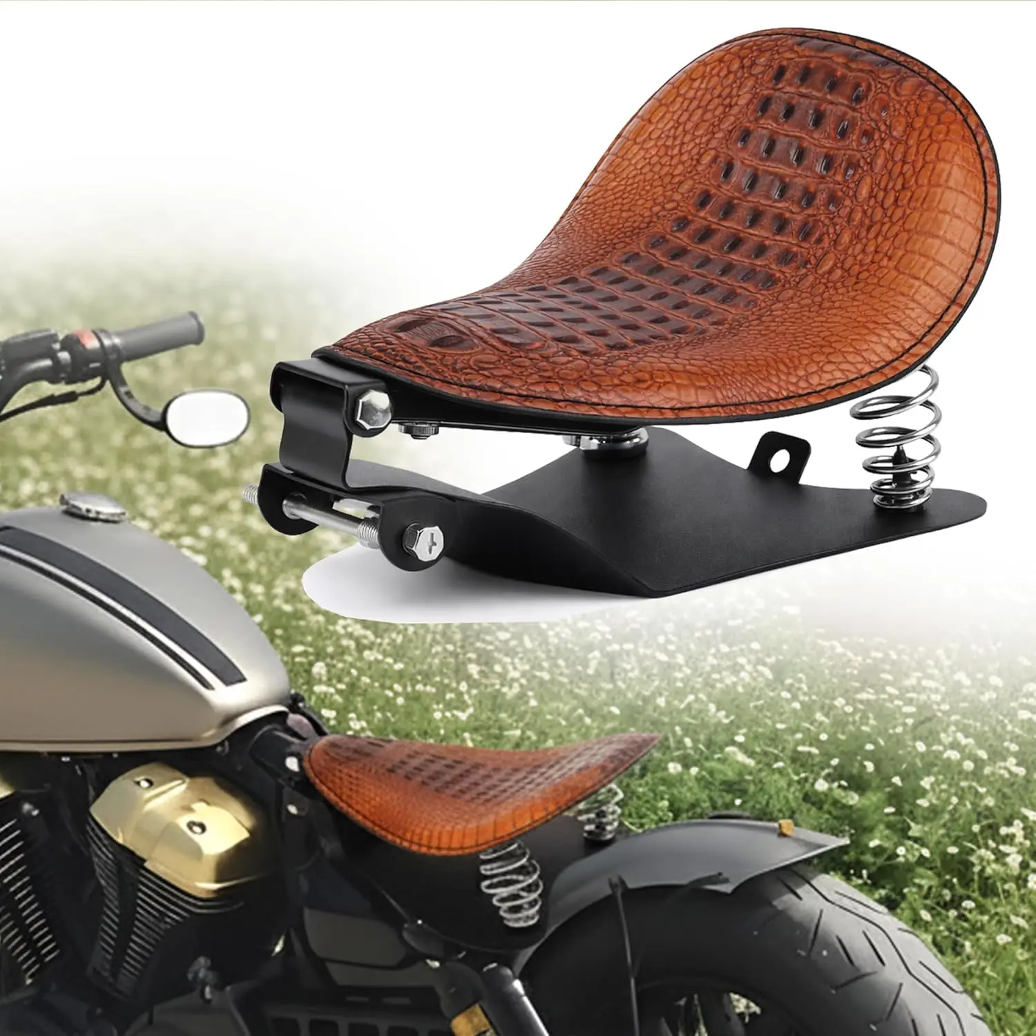Brown PU Leather Crocodile Pattern Vintage Motorcycle Solo Seat with Spring Suspension, Vibration Absorb Function, Compatible with Harley Sportster XL883 XL1200, Custom Bikes, Bobber, Chopper, Honda, Yamaha, Kawasaki, Suzuki