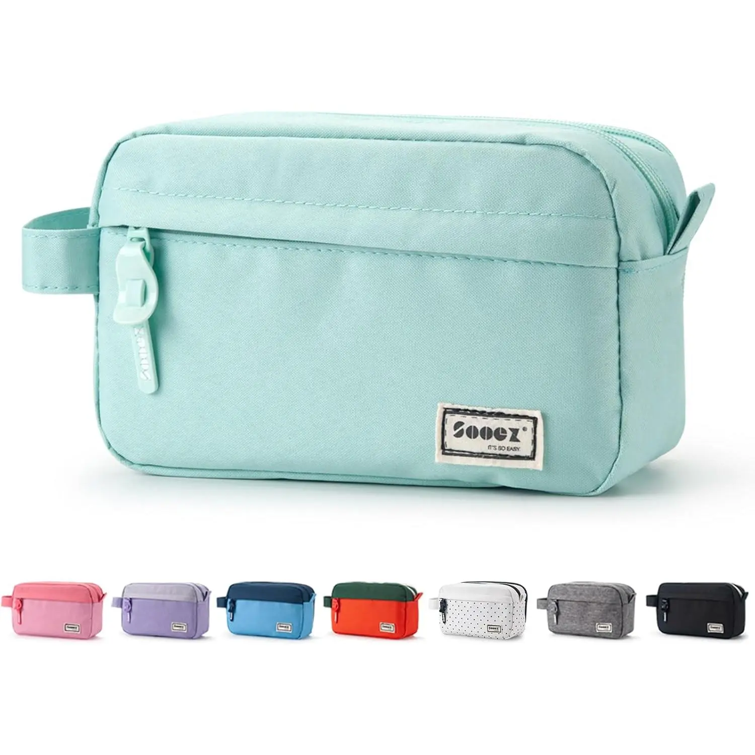 Sooez Polyester Fabric Pencil Pouch - Large Space Office & School Supplies Organizer, Cute Aesthetic Design, Portable, Easy Grip Handle, Zip Closure, Loop, 14 Elastic Straps, 3 Compartments, Mint Green for Students, Organize Pens, Great Protection Against