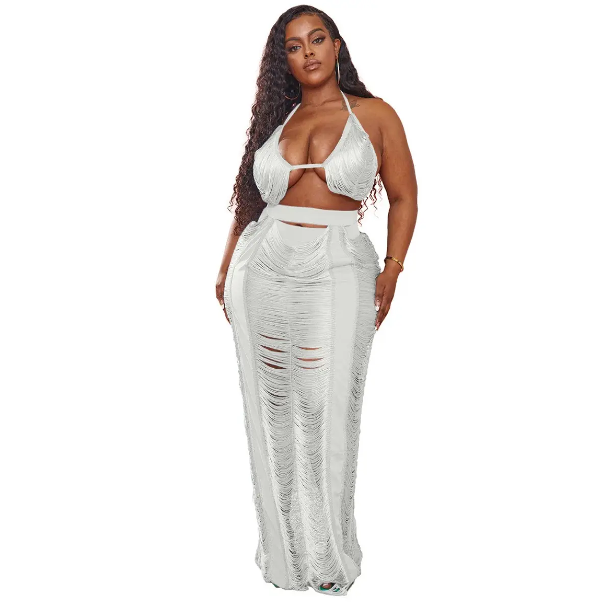 LABADEE Cutout Fringe Beachwear two-piece set-Black Cotton Crop Comfy Crochet Breathable Halter Sexy Fashion High Waist Bikini Womenswear Bra Casual