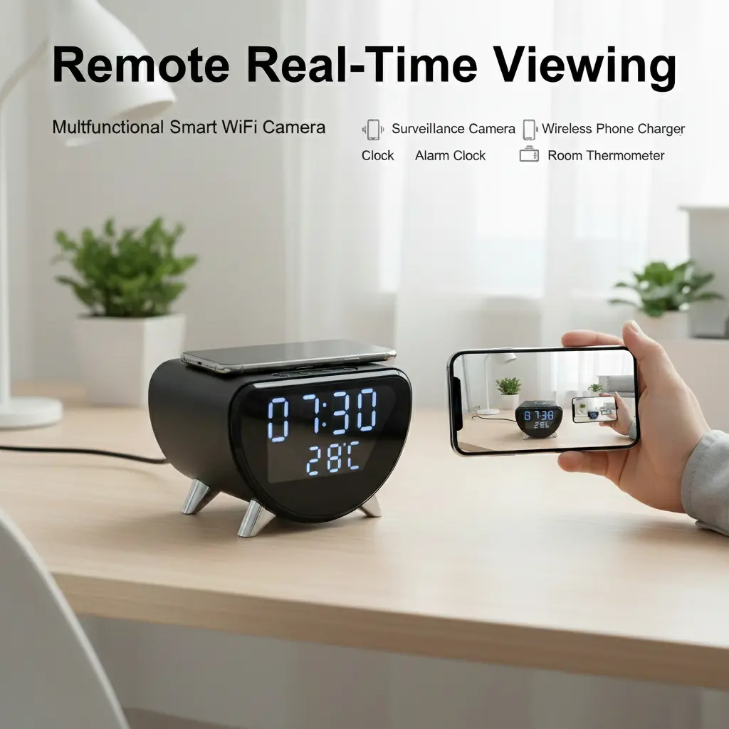 5-in-1 Multifunctional WiFi6 With Wireless Charging, 4K UHD Remote Viewing, Clock, Alarm, Thermometer – Home Office Hotel Use, Local SD Recording