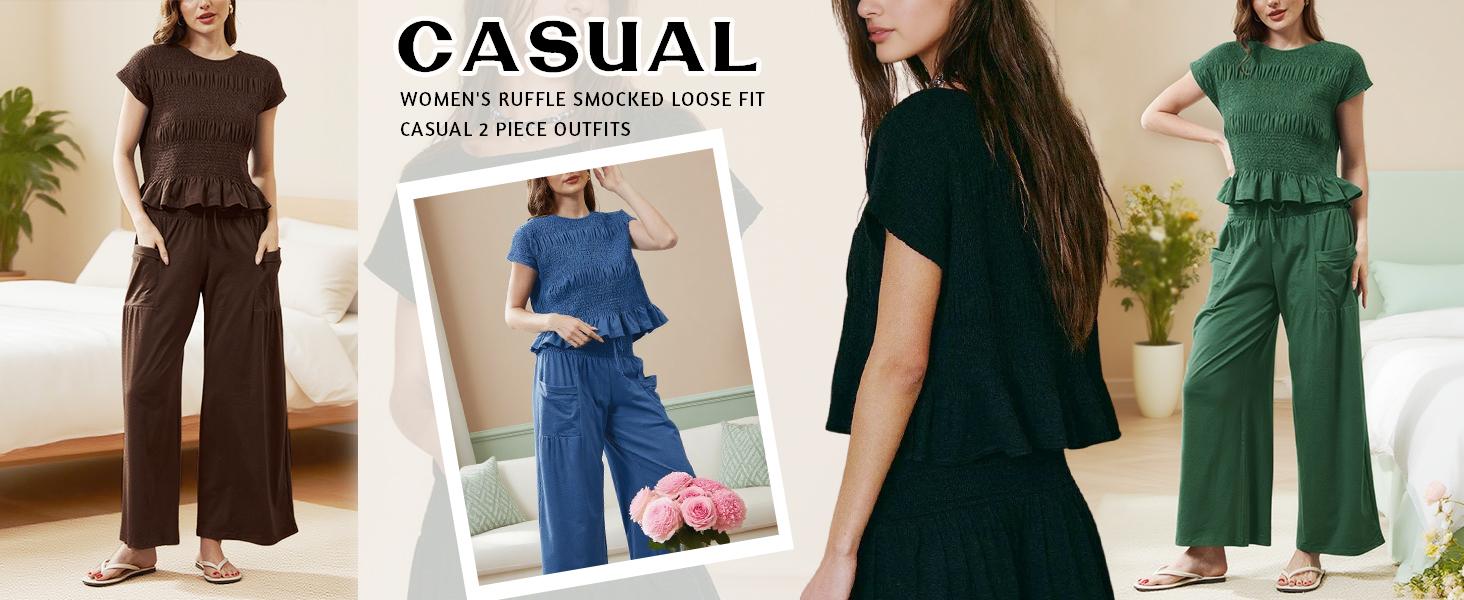 Mundoven Women's 2-piece smocked Top & Wide-leg pants Set-High waisted Lounge Outfit with Pockets Casual Boho Matching Set