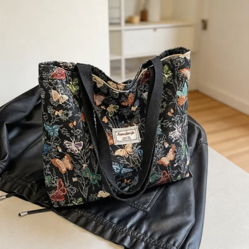 Retro Floral Butterfly Pattern Shoulder Tote Bag, Large Casual Carryall Handbag, Lightweight Everyday Shopping Bag for  Women