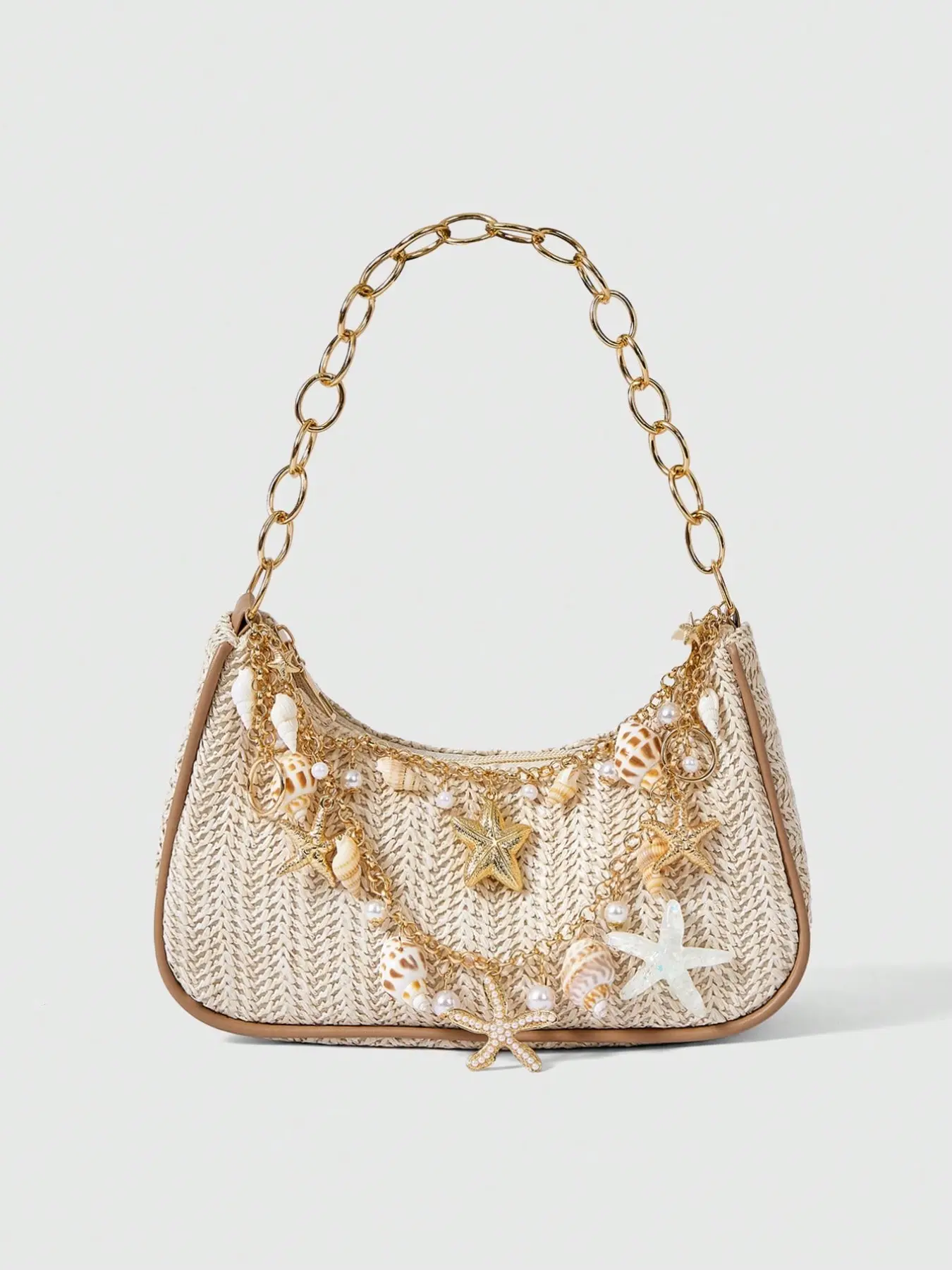 Boho Straw Embellished Shoulder Bag with Natural Shell Starfish Pendant, Summer Beach Bag, Versatile Crossbody Fashion Bag, Random Color Design, Handbag Shoulder Bag