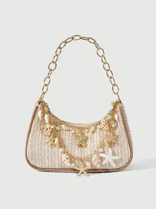 Boho Straw Shoulder Bag with Natural Shell Starfish Pendant, Summer Beach Bag, Versatile Crossbody Bag, Random Color Design