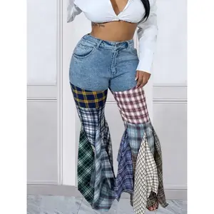 Women’s fashion plaid flare pants, high-waisted wide-leg long trousers, casual patchwork design, spring and fall, casual fitted trousers