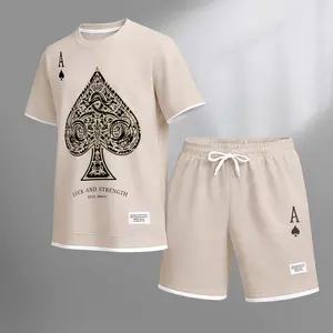 Men's Poker A Print Drawstring Shorts Set For Spring/Summer. A Casual Summer Outfit, Including A Short-Sleeved Shirt And Shorts, Suitable For Everyday Wear And Sports. A Two-Piece Set For A Relaxed And Energetic Lifestyle.