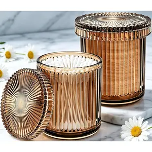 2 pack glass Qtip holder dispenser. Brown apothecary jars for cotton swabs balls pads and floss picks. Great for bathroom vanity makeup storage and decor.