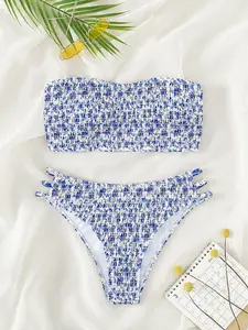 Women's New Floral Halter Backless Two-Piece Swimsuit Set, Beach Pool Holiday Wear, European and American Style Bikini, Floral Bikini Bottom