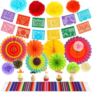 46Pcs Mexican Themed Party Decorations for Fiesta Party, Cinco De Mayo Decorations Banner Large Plastic Papel Picado, Cotton Table Runner,Paper Fans,Cupcake Topper Mexican Party Banners