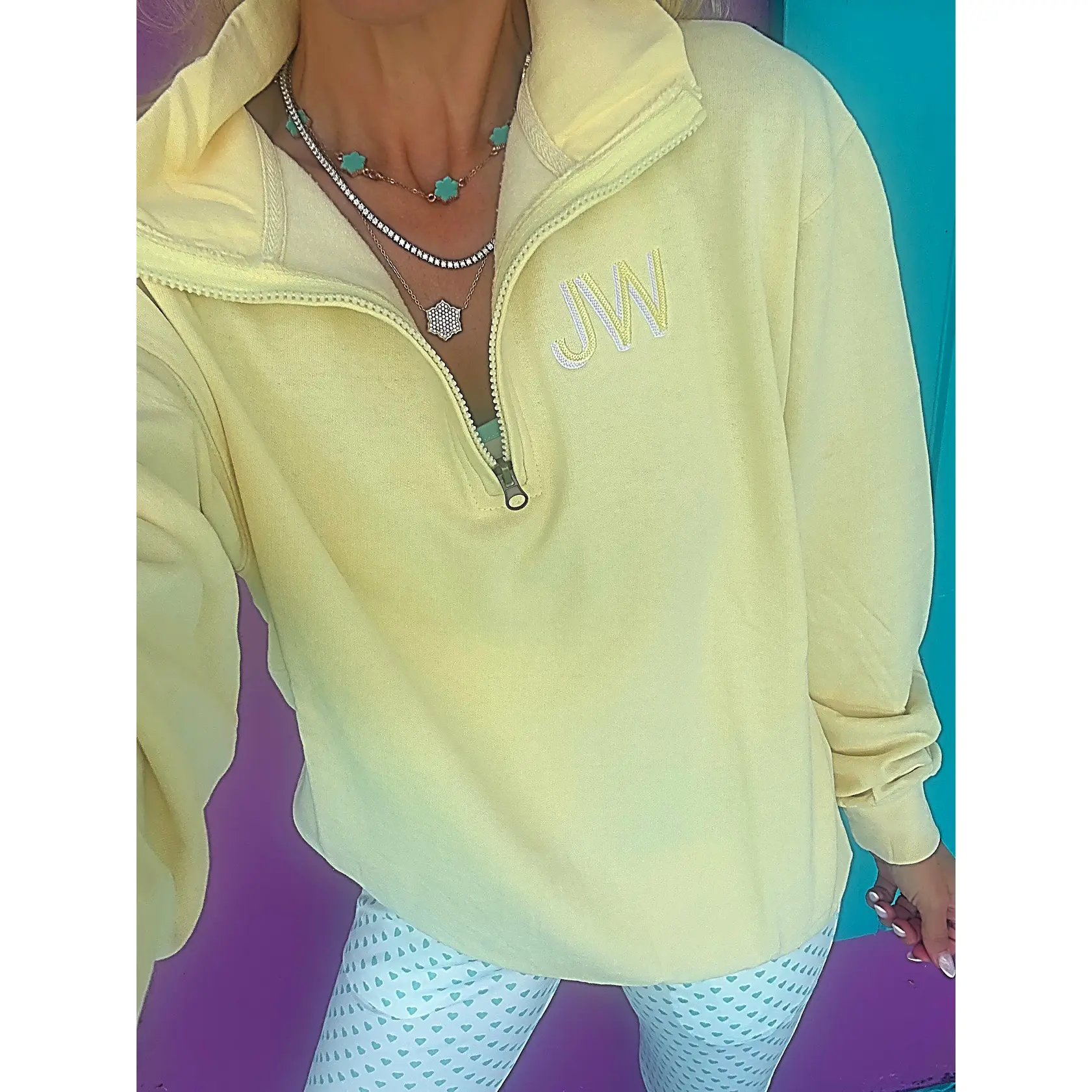 Acid Yellow Embroidered Quarter Zip Pullover