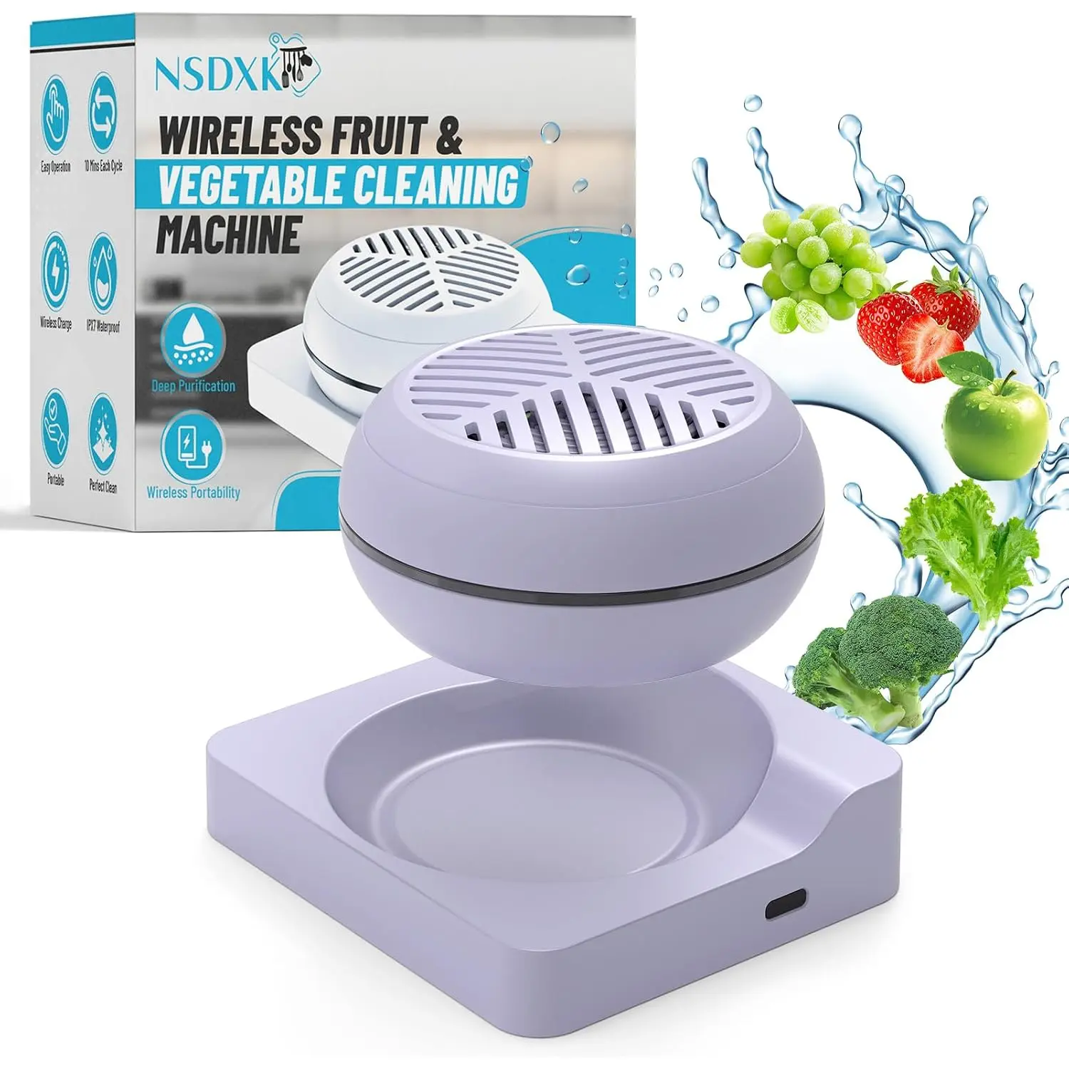 Fruit and Vegetable Washing Machine, Fruit Vegetable Cleaner Device, Portable USB Wireless Veggie Wash with Purification Technology, for Washing Fruits, Vegetables, Rice, Meat, Purple