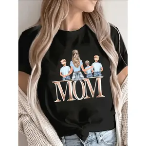 Lightweight Durable Short Sleeve T Shirt For Mothers Featuring Family Graphic Design Perfect For Casual Wear At Home Or Outings Providing Comfortable Daily Fit