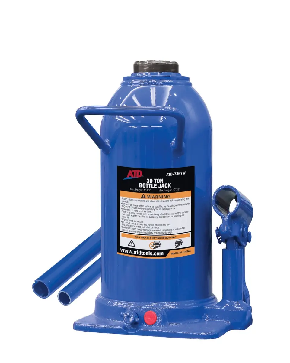 ATD Tools 30-Ton Overload Safe Bottle Jack - 56 lbs, Chrome Plated Piston, Welded Design, Automotive & Motorcycle Repair Lifting Tool, Meets ASME PALD-2014 & CE Standards