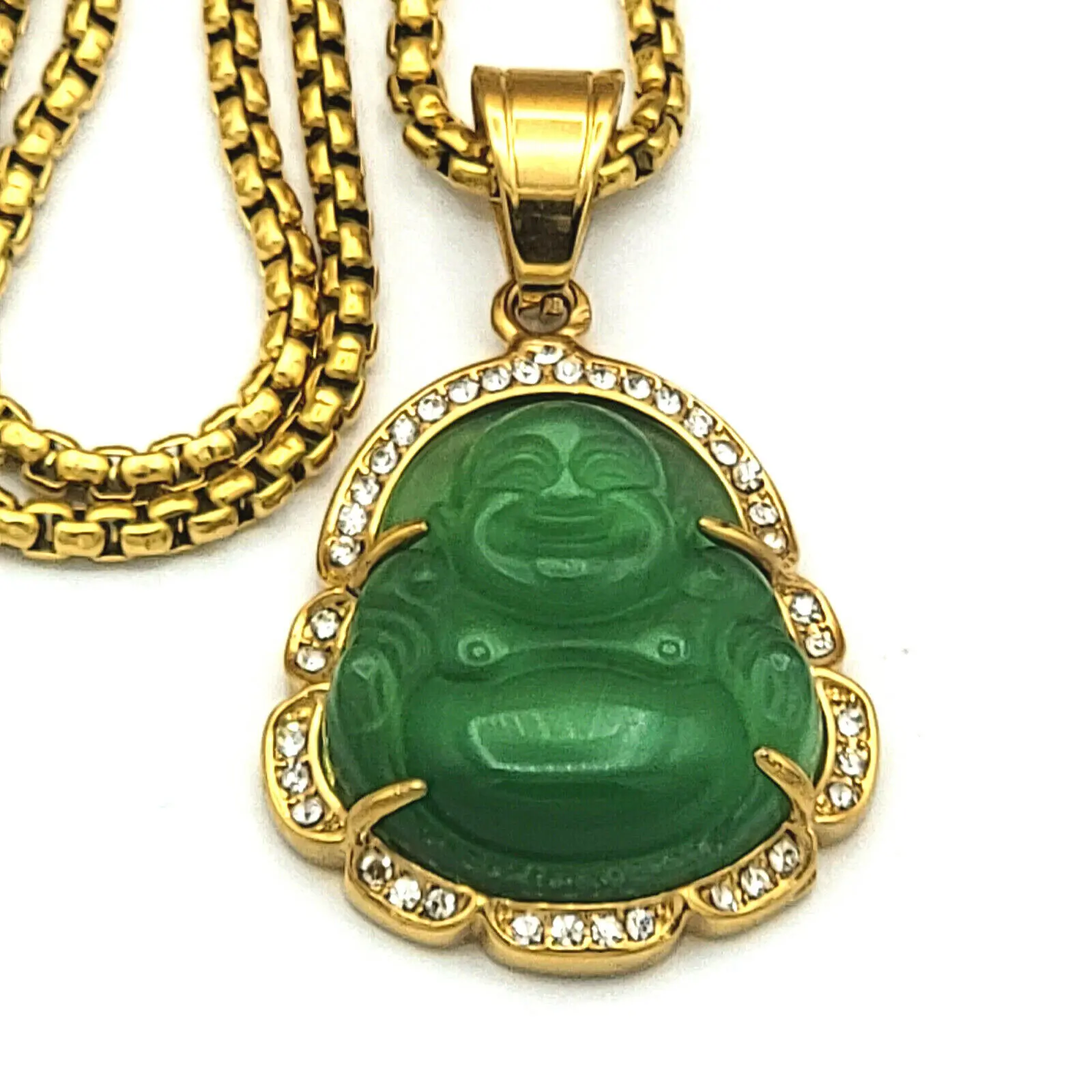 MaxBling81 Jade Buddha Stainless Steel Pendant Necklace with 18K Gold Plated 24 in Rolo Chain, Hip Hop Jewelry
