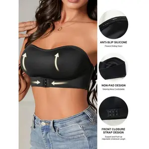 Women's Strapless Bandeau Bra, Front Buckle Wireless Non-Padded Knit Fabric Lingerie, Solid Color Polyamide 90% Elastane 10%, Opaque Underwear, Bra And Panty Set Elegant Womenswear Minimalist Basic