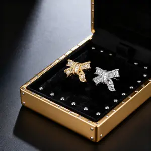 Gold-Tone Copper Bow Earrings! Exquisite Baguette-Cut CZ Pave-Set Sparkling Jewelry