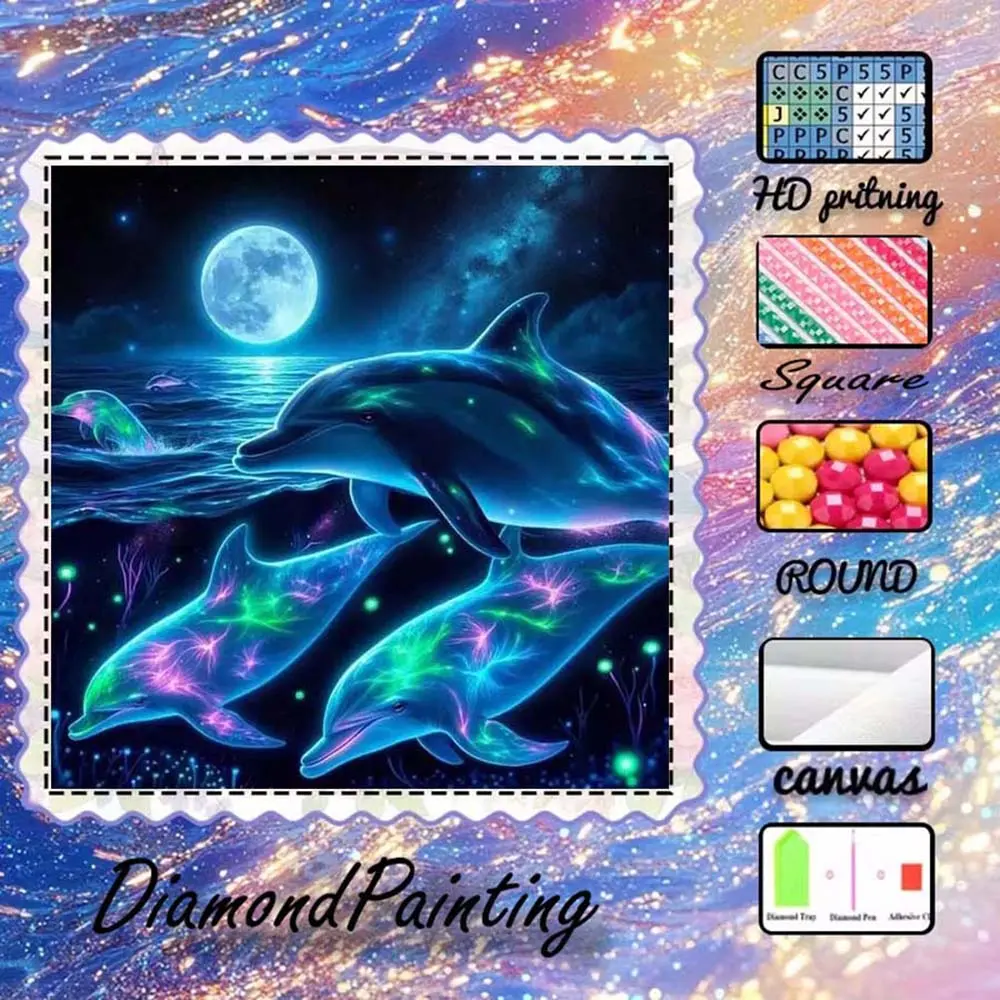 DIY 5D flocked cloth diamond painting kit, AB drills, fairy dust drills, crystal drills, dolphin, moon, night sky, diamond embroidery, special craft diamond art kit, wall decor, handcraft, Handicraft, gift for family, loved ones, friends