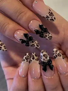 24pcs Medium Almond Shaped Press-On Nails, Leopard Print French Fake Nails With 3D Black Bow, Glossy Full Cover Artificial Nails, Suitable For Women And Girls Daily Wear