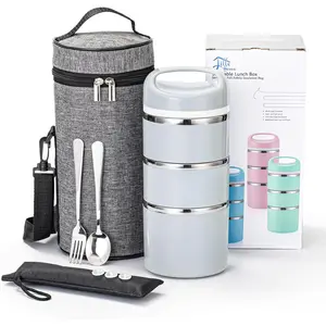 Stackable Stainless Steel Thermal Compartment Lunch/Snack Box, 3-Tier Insulated Bento/ Container with Lunch Bag, Utensils Set and Three Extra Seals, 43OZ (Gray)