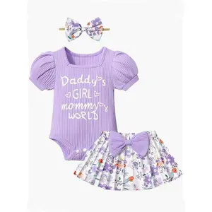 Ready Stock 1-18M Baby  Summer Oufits "Daddy's  Mommy's World" Puff Sleeve Romper, Floral Skirt & Matching Headband  3pcs Purple 22503164 girl outfit set