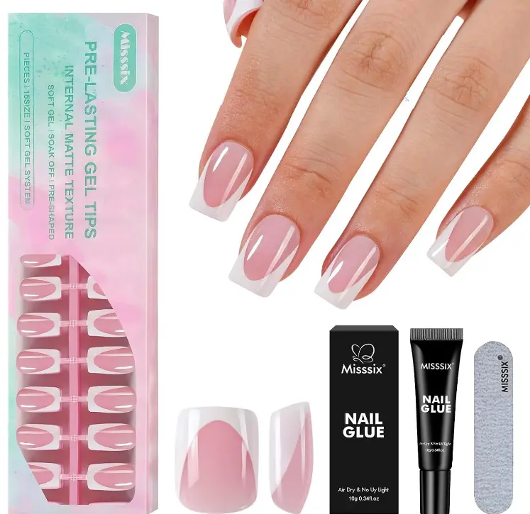 Misssix Deep French Tip Press On Nails 150Pcs Short Square Glossy with Glue | Berry Pink French Gel Nail Tips Soft Gel Fake Nails, X-BASIC Tips Starter Kit for Nail Art DIY 15 Sizes