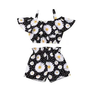 Toddler Baby Girl Clothes Outfits Set Off Shoulder Ruffled Daisy Flower Strap Crop Top Shorts 2pcs Summer Clothes Set