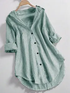 Fashion Striped Satin Button-Down Blouse, Button Front Shirt, Casual Collared Shirt, Shirts, Curve Plus Size Loose Casual 3/4 Sleeve Tops Y2K Clothes Street Style Daily Office Wear Trendy Date Outfits Cozy Coffee Shop Wear