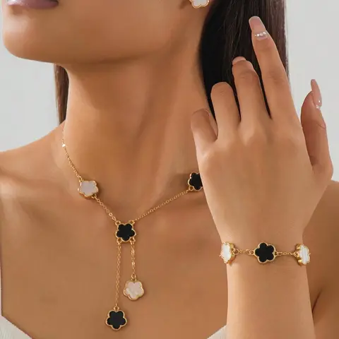 Women's Clover Design Pendant Necklace & Bracelet & Stud Earrings, Necklaces Earrings Set, Jewelry for Party, Daily Clothing Decor, All-match Jewelry for Birthday Gift