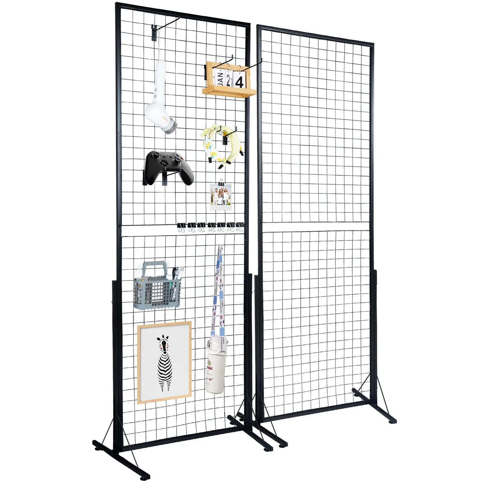 Multifunctional 2-Pack (2pcs Set) Double-Sided Grid Wall Display Tower, 2'x5.6' Panels with T-Base Steel Organizer Racks, Hooks & Clips for Retail Craft Shows Home Organization - Hanging, Maximizes Visibility