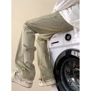 Yellow Mud Flared Jeans for Men, Straight Loose Washed Retro American High Street Pants, Trendy Brand, Cool and Slimming Long Pants