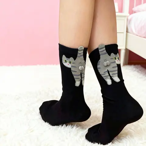 Women's Soft Cotton Calf-High Animal Print Cute Novelty Socks 2-Pack - Funny Animal Face, Pom Poms, All-Day Cozy, All Seasons, Casual Everyday Wear, Fun Gift Idea